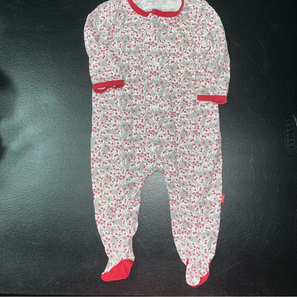 Magnetic Me red and tan print infant footie pajamas